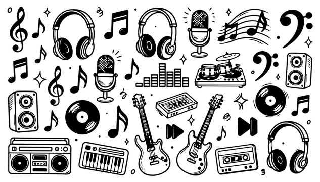Set of hand drawn black ink music icons including guitars headphones microphones speakers drums and vinyl records design elements doodles isolated on white background vector illustration art