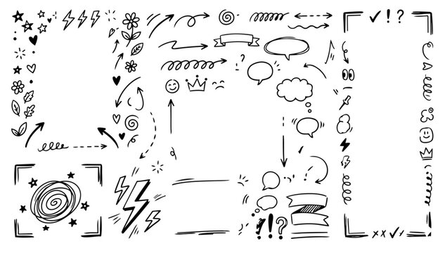 Hand drawn doodle vector set of notebook margin decorations, playful sketchy ink pen side notes, scribbles, arrows, circles, underlines, and accent marks for creative layouts and study pages