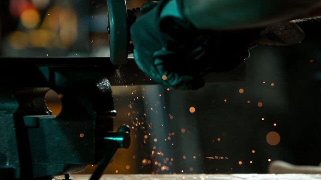 Super Slow Motion of Working Metal Cutter in Workshop. Detail shot, low depth of focus.. Filmed on High Speed Cinema Camera, 1000 fps.
