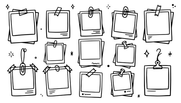 Hand drawn doodle vector set of polaroid photo frames for scrapbooking and memory collage design, sketchy ink pen picture borders, instant photo style elements for social media and creative projects