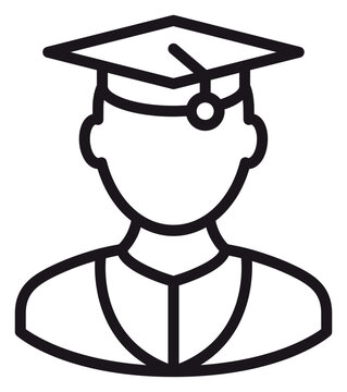 Black Line Vector Icon Illustration of a Graduate Student Wearing a Graduation Cap and Gown, Symbolizing Academic Achievement, Education, and University Success in a Minimalist Style.