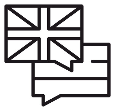 English Language Translation Vector Icon Illustration Featuring Union Jack and Generic Flag in Speech Bubbles for Bilingual Communication, Education, and Global Business Concepts