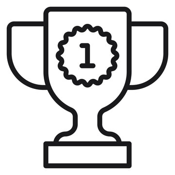 Black line art vector icon of a first place trophy cup award with number one badge. Minimalist symbol for success, achievement, and winning competition. Scalable graphic illustration on white.