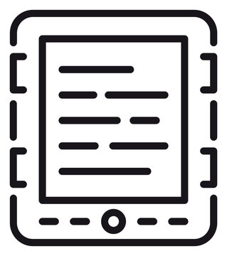 Minimalist black line vector icon of an e-reader or digital tablet device with text on the screen, representing electronic books, digital reading, and mobile technology for web and app design.