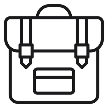 Minimalist black line art vector icon of a backpack or school bag with straps and buckles, perfect for education, travel, and business concepts, isolated on a white background illustration.