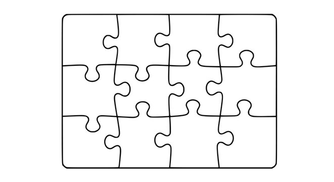 Puzzle pieces outline vector illustration featuring a blank jigsaw grid template with twelve interconnected sections designed for creative educational projects business presentations problem solving .