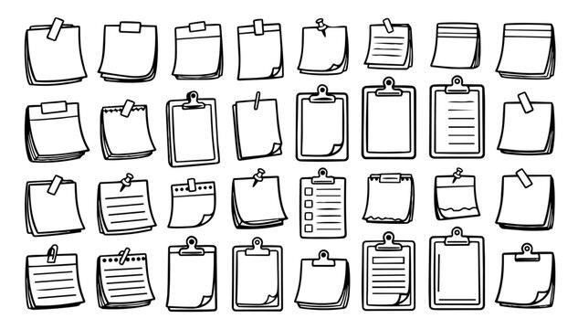Hand drawn doodle vector set of sticky notes and clipboards for planning and organization, playful sketchy ink pen stationery elements, memo pads, reminders, and note taking icons for UI and creative 