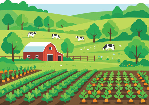 Generated on Rural hills. Scenery. Vector. Pasture grass for cows and a place for a vegetable garden and farm. Meadows and trees. Horizon. Beautiful view. Summer vector art on white background