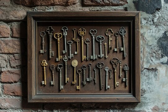 Shadow box frame filled with vintage keys and small trinkets