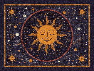 Fototapeta premium Vintage Celestial Tarot Poster with Smiling Sun Moon Planets and Stars in Mystical Night Sky Folk Art Style