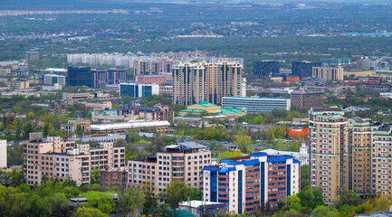 Naklejka premium An overhead view of the business part of Almaty, Kazakhstan, early on a spring morning.