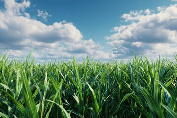 Fototapeta premium Lush green cornfield under a partly cloudy blue sky, captured on a sunny day