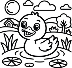 Fototapeta premium Charming cartoon duckling in a peaceful lakeside scene black and white