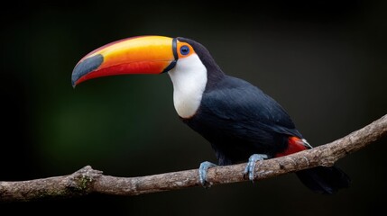 Fototapeta premium Close-up of colorful toucan perched on branch in rainforest. Exotic wildlife and tropical biodiversity concept