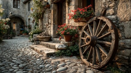 Obraz premium Cobblestone village street with rustic charm and old wooden wheel
