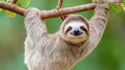 Fototapeta premium Close-up of smiling sloth hanging from tree branch in tropical rainforest. Wildlife and nature concept