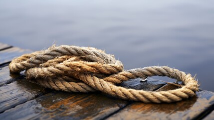 Fototapeta premium Twisted rope rests on old dock beside calm water surface