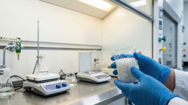 Industrial materials research in laboratory shows plastics price surges impact with white plastic pellets held by gloved hands