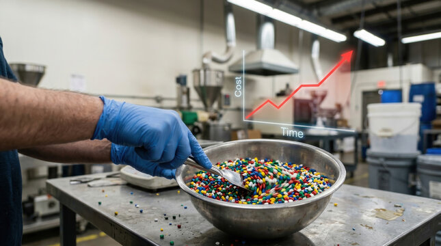 Industrial materials plastics price surges impact manufacturing as plastic pellets are handled factory setting showing cost increase over