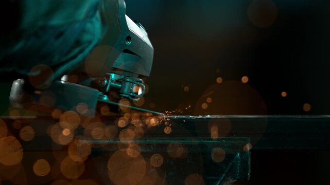 Super Slow Motion of Working Metal Cutter in Workshop. Detail shot, low depth of focus.. Filmed on High Speed Cinema Camera, 1000 fps.