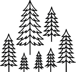 Fototapeta premium Set of black pine tree silhouettes with thin lines, hand drawn fir tree icons for forest or nature designs.