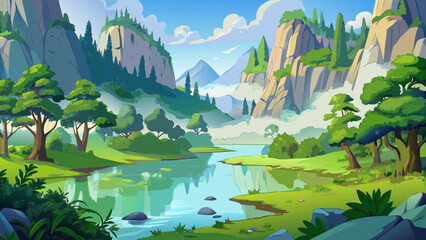 Fantasy landscape, serene mountain valley, cartoon river scene, green forest © Adobe