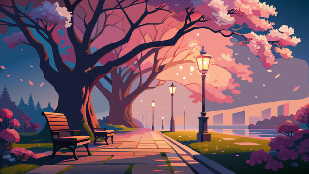 Serene park scene, cherry blossom tree, walking path, street lamps, pink sunset