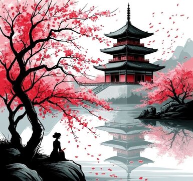 Serene landscape with pagoda and cherry blossoms beside a lake  