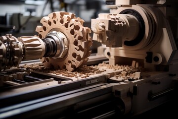 Fototapeta premium Close up of a cnc router cutting wood, producing small wooden cubes in a workshop