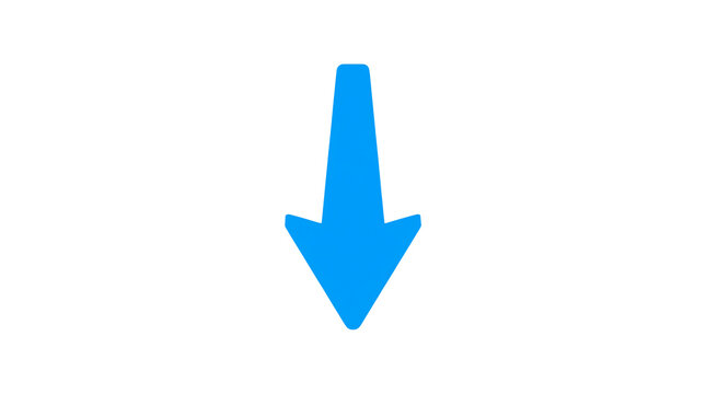 Bright blue downward pointing arrow symbol representing download decline or direction isolated on transparent background