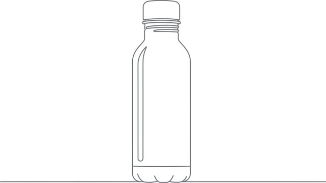 Single continuous line drawing of a plastic water bottle with a screw cap design isolated on a white background for a minimal and modern artistic graphic illustration style for your project.