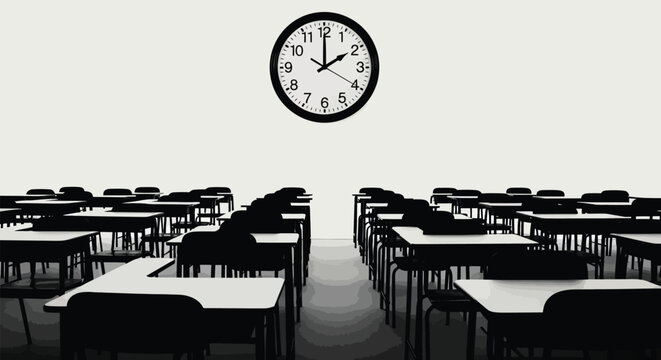 A stark classroom scene features rows of empty desks beneath a circular wall clock at 2 10