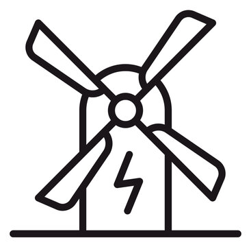 Wind turbine icon for renewable energy and clean electricity generation, minimalist black line art vector illustration of a windmill with a lightning bolt symbol for sustainable power source.