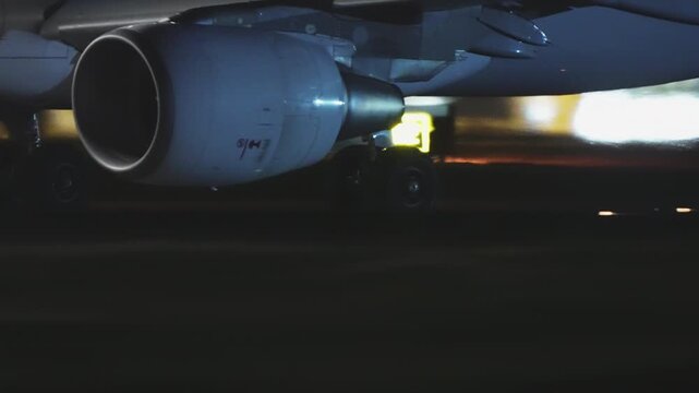 Extremely close ground level view of white commercial airliner jet engine casing and wing underside moving along night tarmac, bright white landing light illuminating wet ground, red beacon and gear