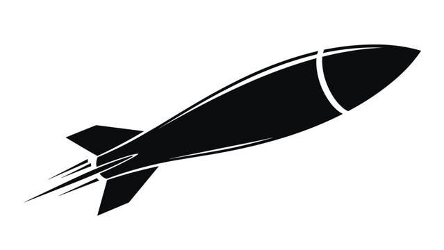 Stylized black rocket launches upward into space with a powerful thrust of smoke and fire representing speed and technological progress.