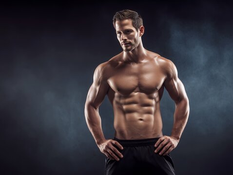 Muscular man with six-pack abs posing against a dark smoky background