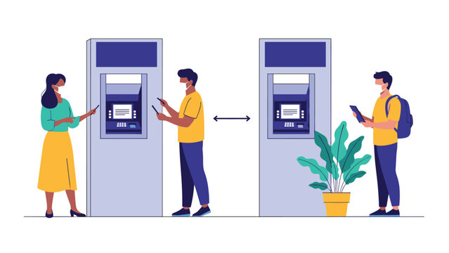 People wearing masks maintain social distance while using outdoor ATMs during a pandemic to ensure safety and health protocols are met.