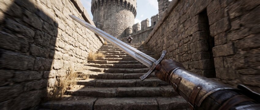 First person knight sword view climbing castle stairs in medieval fortress
