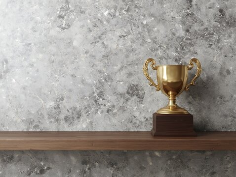 Golden trophy cup on wooden shelf against marble wall background