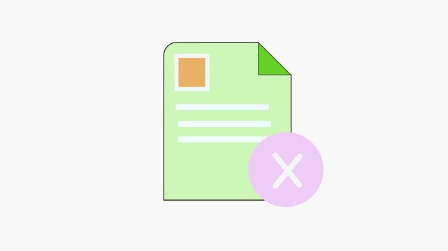 Animated green document with orange image and three lines on white background. Digital animation of green file with orange picture and three lines. Animated file icon.
