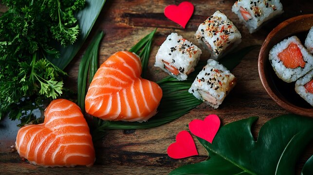 Close-up of sushi with salmon shaped into hearts, wooden table