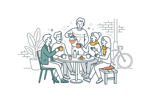 Friends gathered around a small outdoor table enjoying coffee with one central person pouring from a cup while others sit and chat