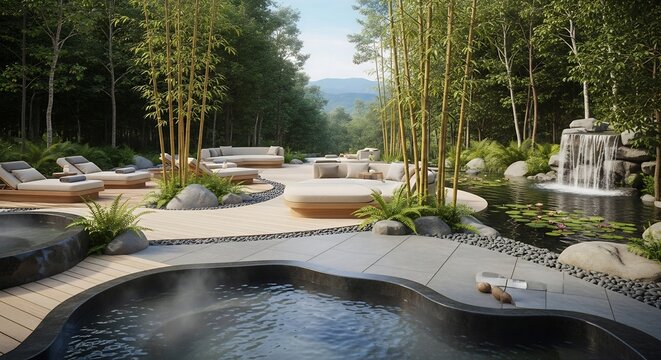 Luxury Outdoor Spa Retreat with Waterfall and Seating Areas.