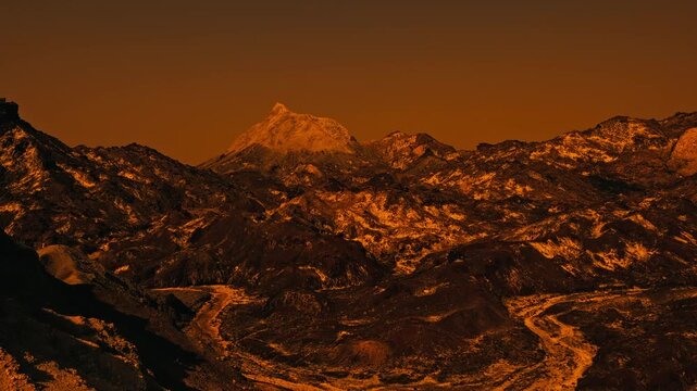 Martian landscape with rocky terrain and unique rock formations under an orange sky. Landscape of the red planet. Barren surface of a dry planet with desert ground and dramatic atmosphere, concept of