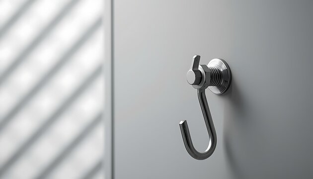 A sleek metal hook mounted on a modern gray wall with natural light