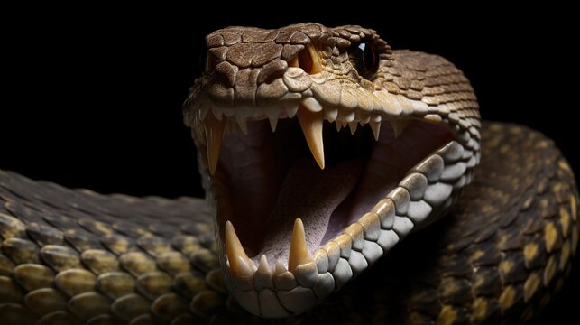 Close-up of a venomous snake with fangs bared and a menacing open mouth against a dark background