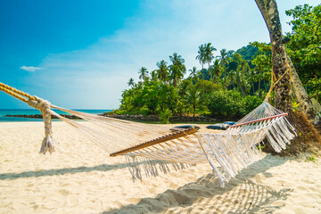 White hammock hanging between palm trees on beautiful tropical sandy beach by blue lagoon © MST