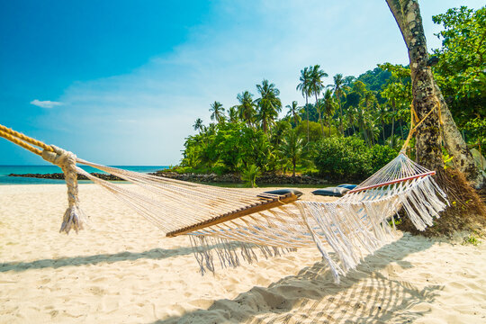 White hammock hanging between palm trees on beautiful tropical sandy beach by blue lagoon