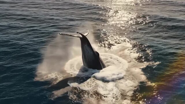 Aerial view of a whale breaching, showing tail fluke splashing in the sunlit ocean water
