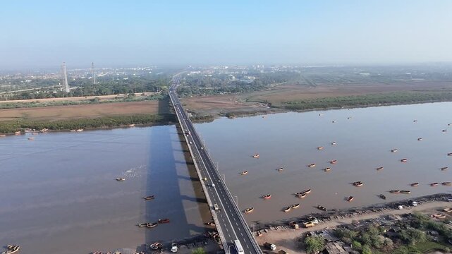 ONGC Bridge Surat aerial view over Tapi River with highway connectivity and transportation infrastructure Gujarat India